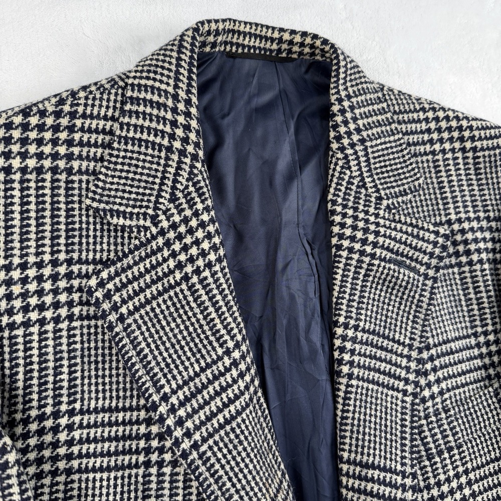 Vtg Tom James Sport Coat Blazer Mens 40S Glen Plaid Navy White Prince Of Wales